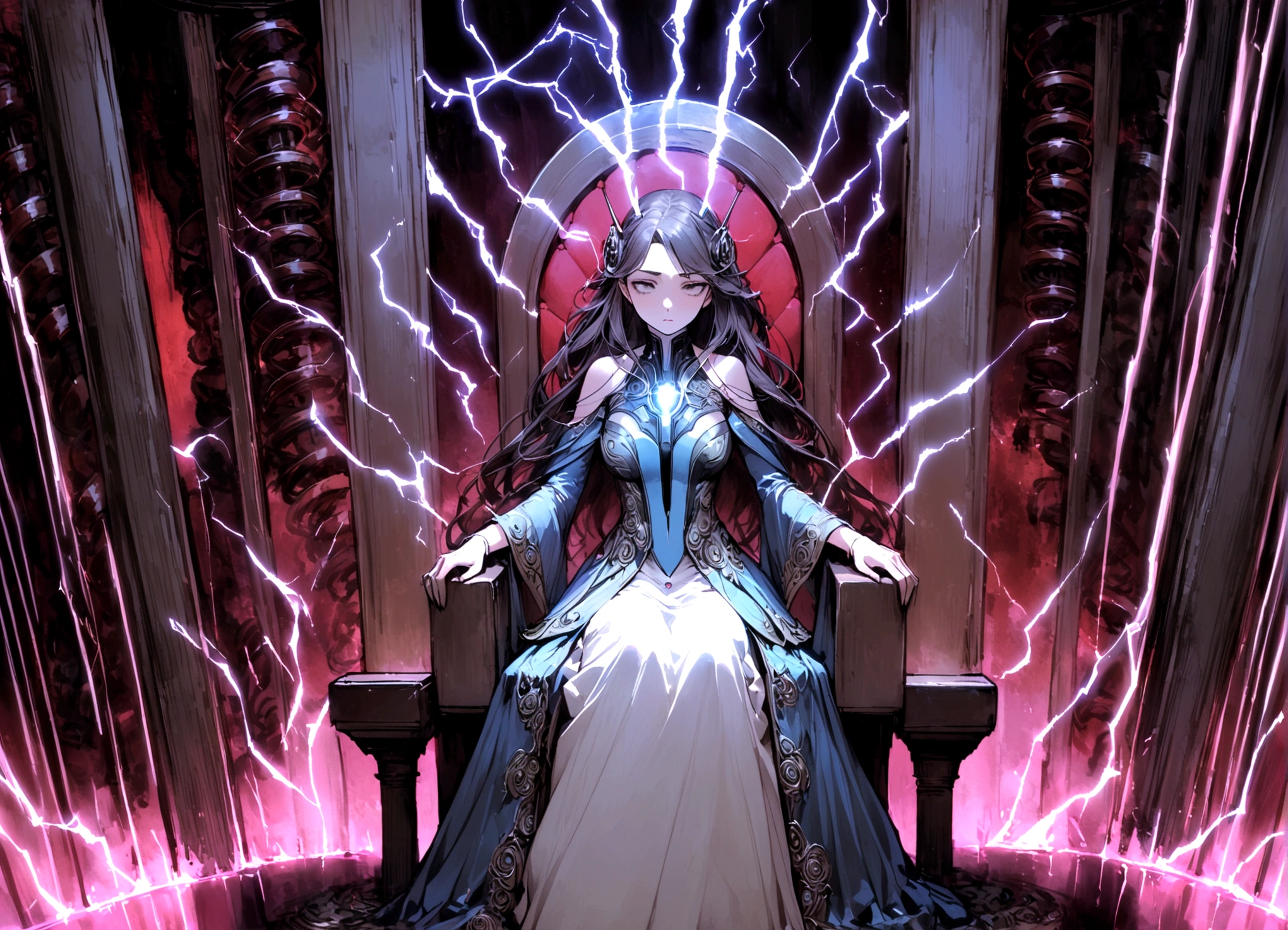 Tesla, 1900, has designed a throne of power (It has a Tesla coil on either side, electricity dances through the lab and across the coils), a lovely woman in an intricate dress sits on the throne and looks worried (her hair is electrified and standing straight out)
