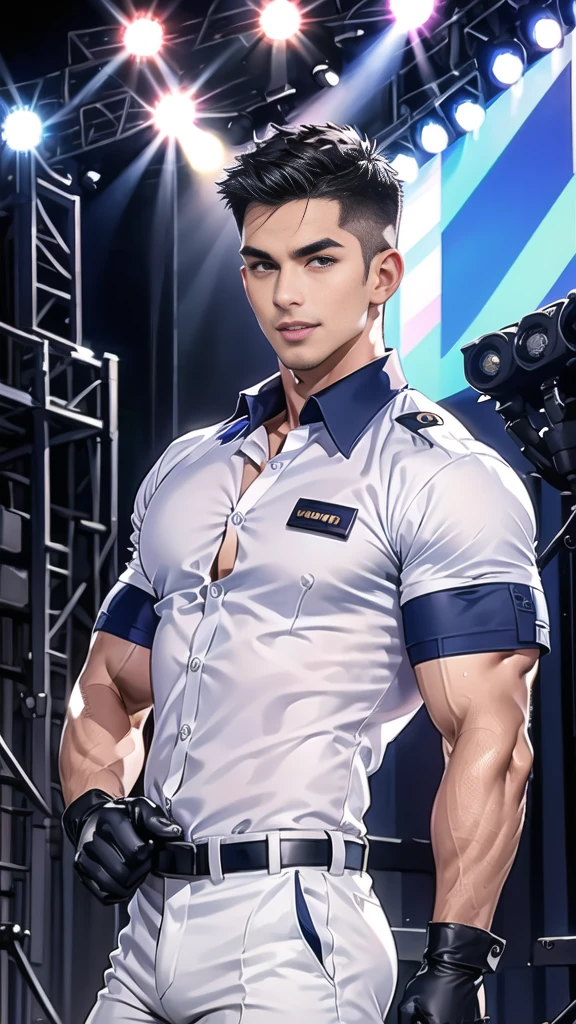 handsome man sit on stage ,(crew cut short hair:1.2),black eye,smile,open mouth (navy police uniform and t-shirt:1.2),(open shirt short sleeves:1.2),collar,(shirt covered over:1.2),(name tag and Police badge:1.2),(shirt no buttons:1.1),(black_gloves:1.3), (Navy blue cargo:1.2),Korean guy,korean men,(High gloss details),(chest muscles:1.2),(large arm muscles:1.2),blood vessel,Big muscles,Broad shoulders,looking at the audience,Balancing the eyes,middle of the road,(stage:1.4)