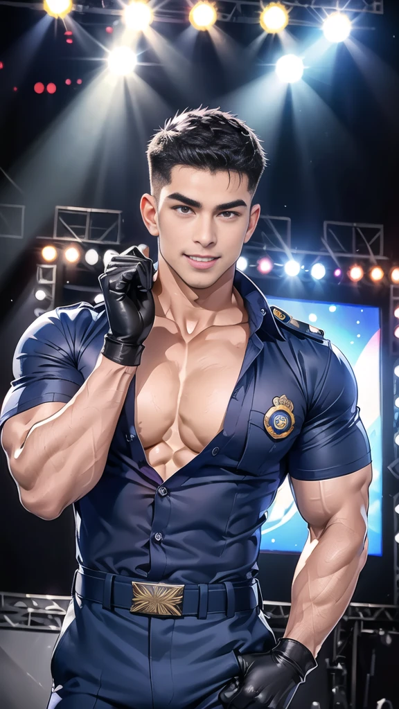 handsome man sit on stage ,(crew cut short hair:1.2),black eye,smile,open mouth (navy police uniform and t-shirt:1.2),(open shirt short sleeves:1.2),collar,(shirt covered over:1.2),(name tag and Police badge:1.2),(shirt no buttons:1.1),(black_gloves:1.3), (Navy blue cargo:1.2),Korean guy,korean men,(High gloss details),(chest muscles:1.2),(large arm muscles:1.2),blood vessel,Big muscles,Broad shoulders,looking at the audience,Balancing the eyes,middle of the road,(stage:1.4)