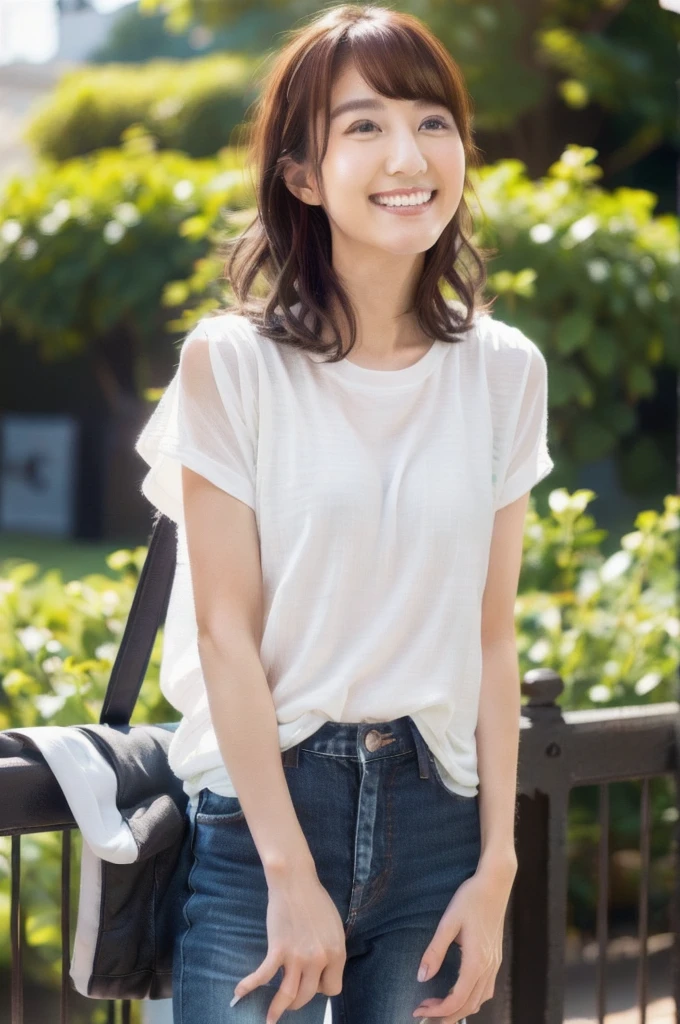 One beautiful model , Instagram (photoRealistic, High resolution:1.4), ((Puffy eyes)), View your audience, , whole body (8K, RAW Photos, Highest quality, masterpiece:1.2), (Realistic, photo-Realistic:1.37),(Sharp focus:1.2), Professional Lighting, Photon Mapping, Radio City, Physically Based Rendering, (Realistic skin:1.2),( ), View your audience, (Medium Hair:1.5),, Purple eyes, (Silver Hair:1.1),bangs, (Park Background:1.4), alone, Realistic,(masterpiece:1.4),(Highest quality:1.4),(Shiny skin),Stylish girl,Compensate,smile(skinny,Mouth closed,shy :1.3) , shoulder,Full Color:1.1),whole bodyショット,T-Shirts ,jeans,Medium Bust, Photo session,information