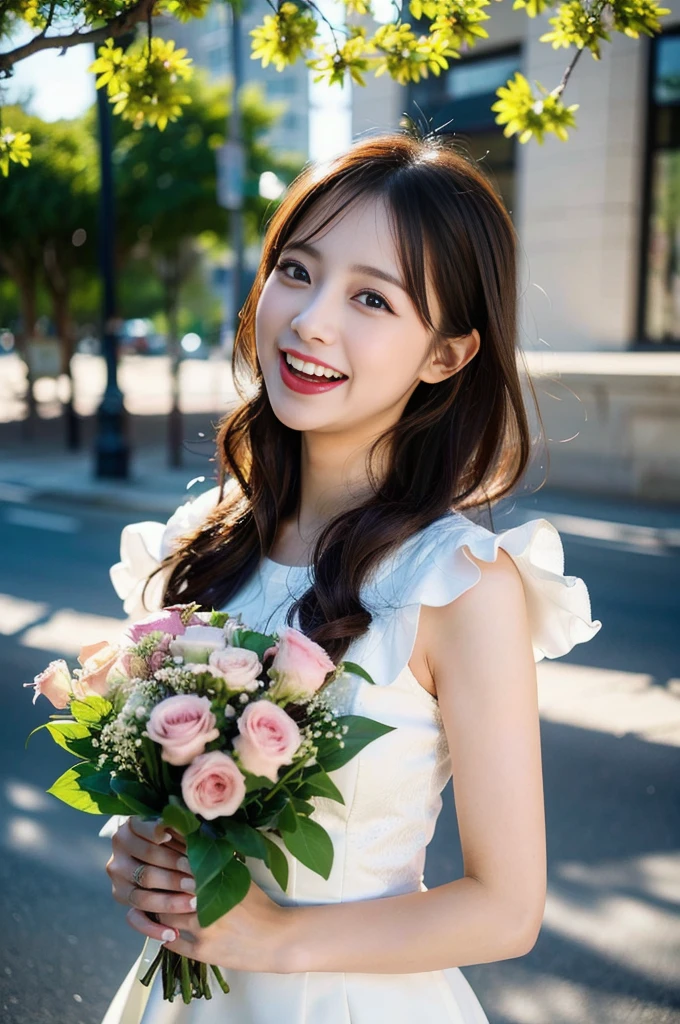 (8K, RAW Photos, Highest quality、masterpiece:1.2), (Realistic、Realistic:1.37), Very detailed, High resolution, 1 girl, (huge laugh:1.2), (open your mouth:1.1), (wide open eyes), View your viewers, dress, Beautifully detailed face、(Holding a bouquet:1.3),Beautiful and detailed skin、Skin Texture、Floating Hair、Professional Lighting, noon