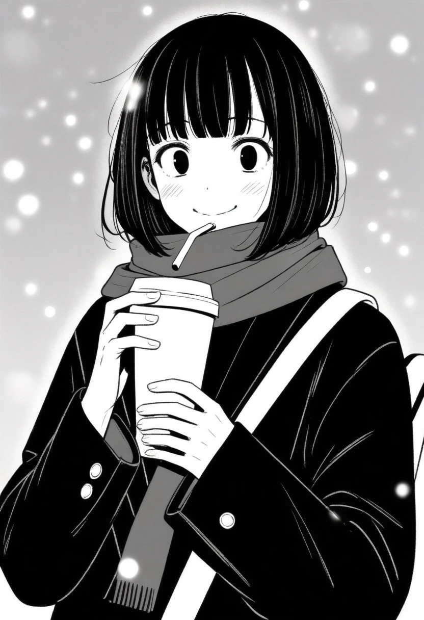 masterpiece, best quality, 1girl, mamerakkkkko, grayscale, manga style, japanese, chi no wadachi, black eyes, street, iced, black hair, schoolbag, smile, lineart, black coat, black scarf, black pleated skirt, leggins, centered, 18 years old, tall, fair skinned, bokeh background,, bob cut, light particles, centered, snowing, (((drinking coffee, perfect hand, detailed hand:1.1)), emotional anime scene
