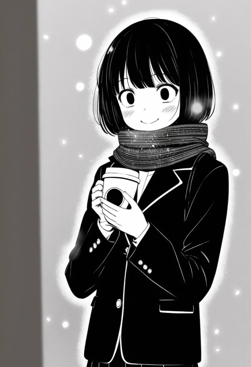 masterpiece, best quality, 1girl, mamerakkkkko, grayscale, manga style, japanese, chi no wadachi, black eyes, street, iced, black hair, schoolbag, smile, lineart, black coat, black scarf, black pleated skirt, leggins, centered, 18 years old, tall, fair skinned, bokeh background,, bob cut, light particles, centered, snowing, (((drinking coffee, perfect hand, detailed hand:1.1)), emotional anime scene
