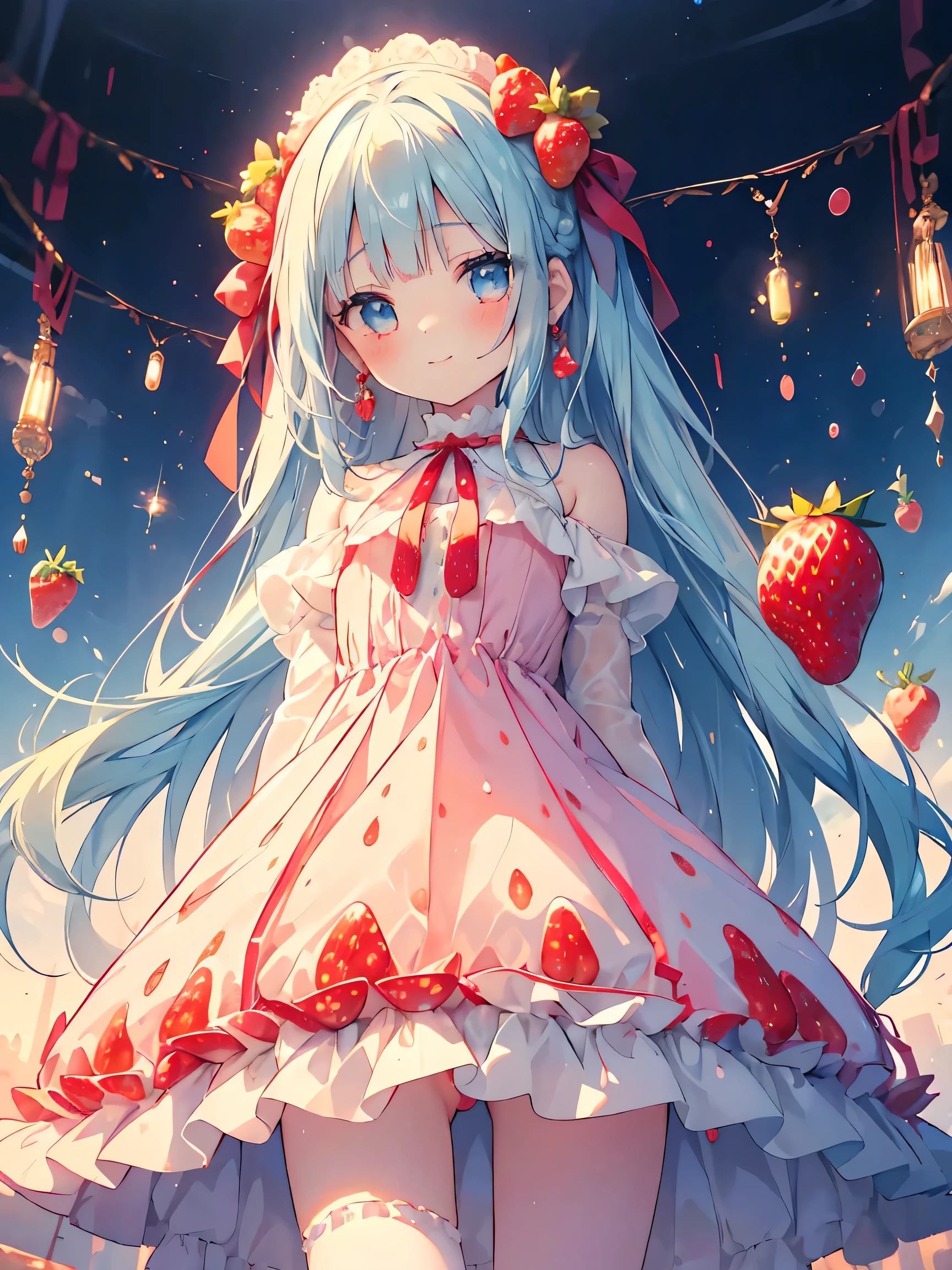 masterpiece, best quality, extremely detailed, (illustration, official art:1.1), 1 girl ,(((( light blue long hair)))), ,(((( light blue long hair)))),light blue hair, ,10 years old,loli, long hair ((blush)) , cute face, big eyes, masterpiece, best quality,(((((a very delicate and beautiful girl))))),Amazing,beautiful detailed eyes,blunt bangs((((little delicate girl)))),tareme(true beautiful:1.2), sense of depth,dynamic angle,,,, affectionate smile, (true beautiful:1.2),,(tiny 1girl model:1.2),)(flat chest),(pastel-red theme:1.3), ((Strawberry Gothic Dress with Strawberry pattern:1.4)), (Strawberry ornament:1.3), (red big ribbon:1.3), (Strawberry earrings:1.2), (white Knee High Socks:1.3),(smile:1.2),(cute pose:1.3),(Eye size:1.5),(high resolution:1.5),(Vibrant color:1.4),(close up of face),(Goth style:1.25),(perspective from below:1.3),(((Strawberry Background)))