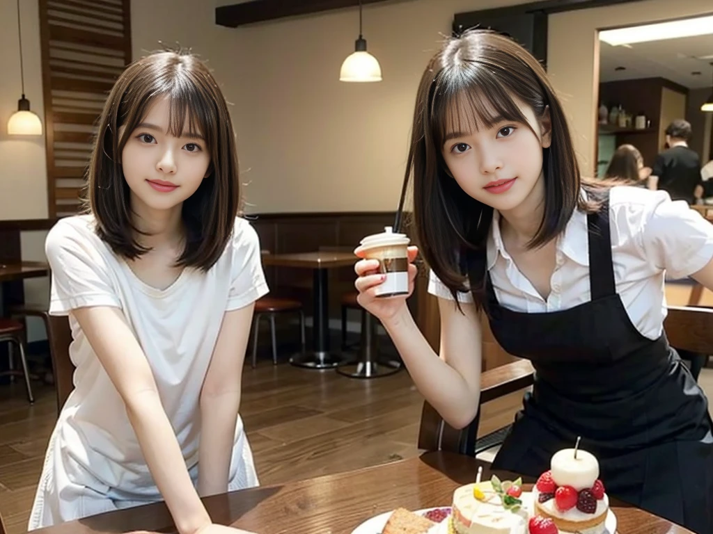 2girl, smile,(bobcut:1.2),bangs,beautiful girl,,(loli:1.2),(s brests:1.2),(skinny:1.2),highschool student,akb48,nogizaka46, (masutepiece, Best Quality:1.2), 8K, Official art, Raw photo, Pretty Face, Urban Cafe、cafes、Sitting in a chair,Cake and coffee on the table、Fringe hair, hime haircut, Brown hair,