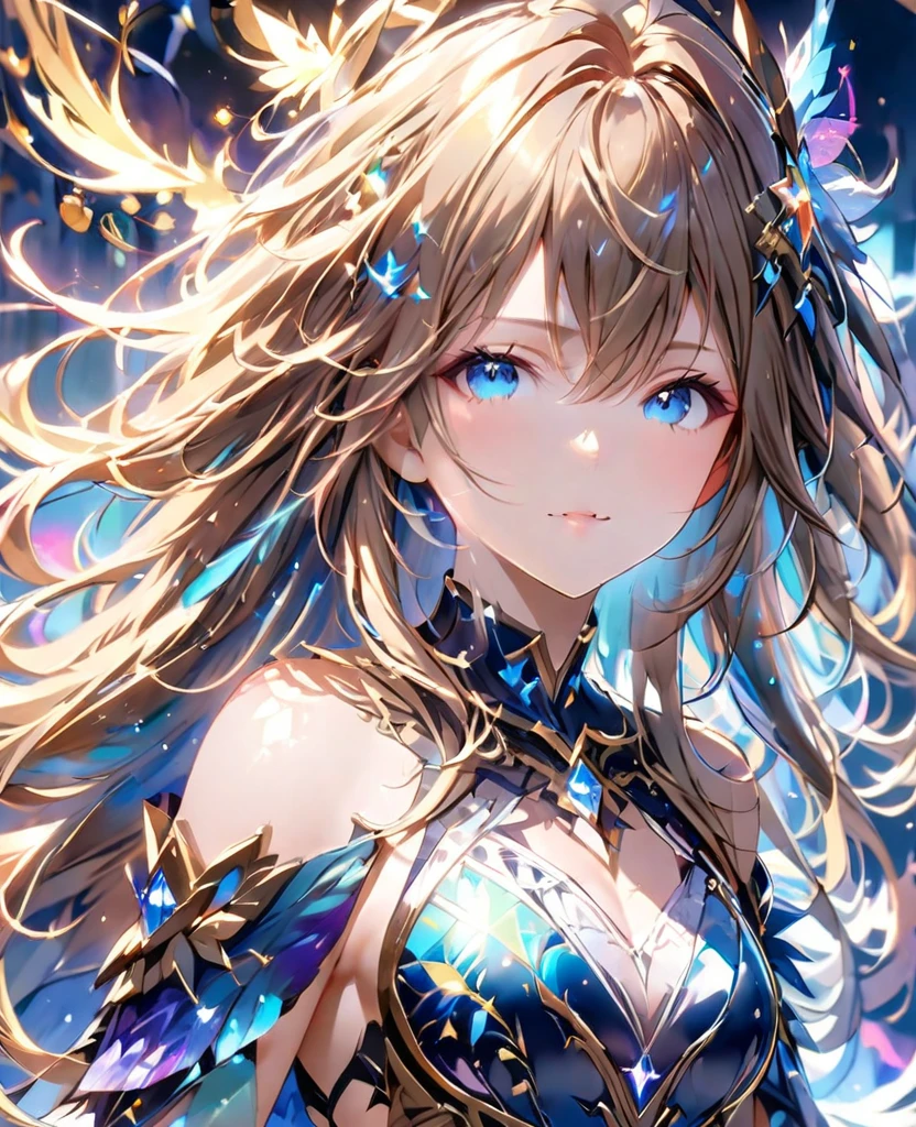 (8K, Highest quality, masterpiece:1.2),(Highest quality:1.0), (Ultra-high resolution:1.0), watercolor, Beautiful woman, shoulder, Costumes adorned with light refraction、Twinkling of the stars、Diamond Sparkle、Hair Ribbon, Agnes Cecil, Half Body Portrait, Super bright design, pastel colour, (ink:1.3), Autumn Light,