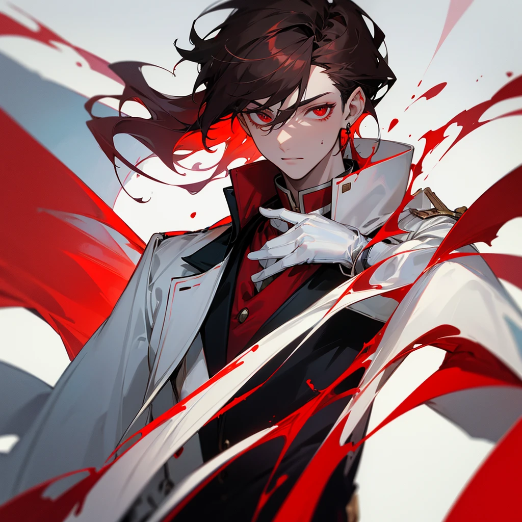 thin Male, white skin, messy dark hair, red pupils, red earring on right ear, wearing a white open lapel with tall collar, black and red uniform, white gloves, looking coldly at camera
