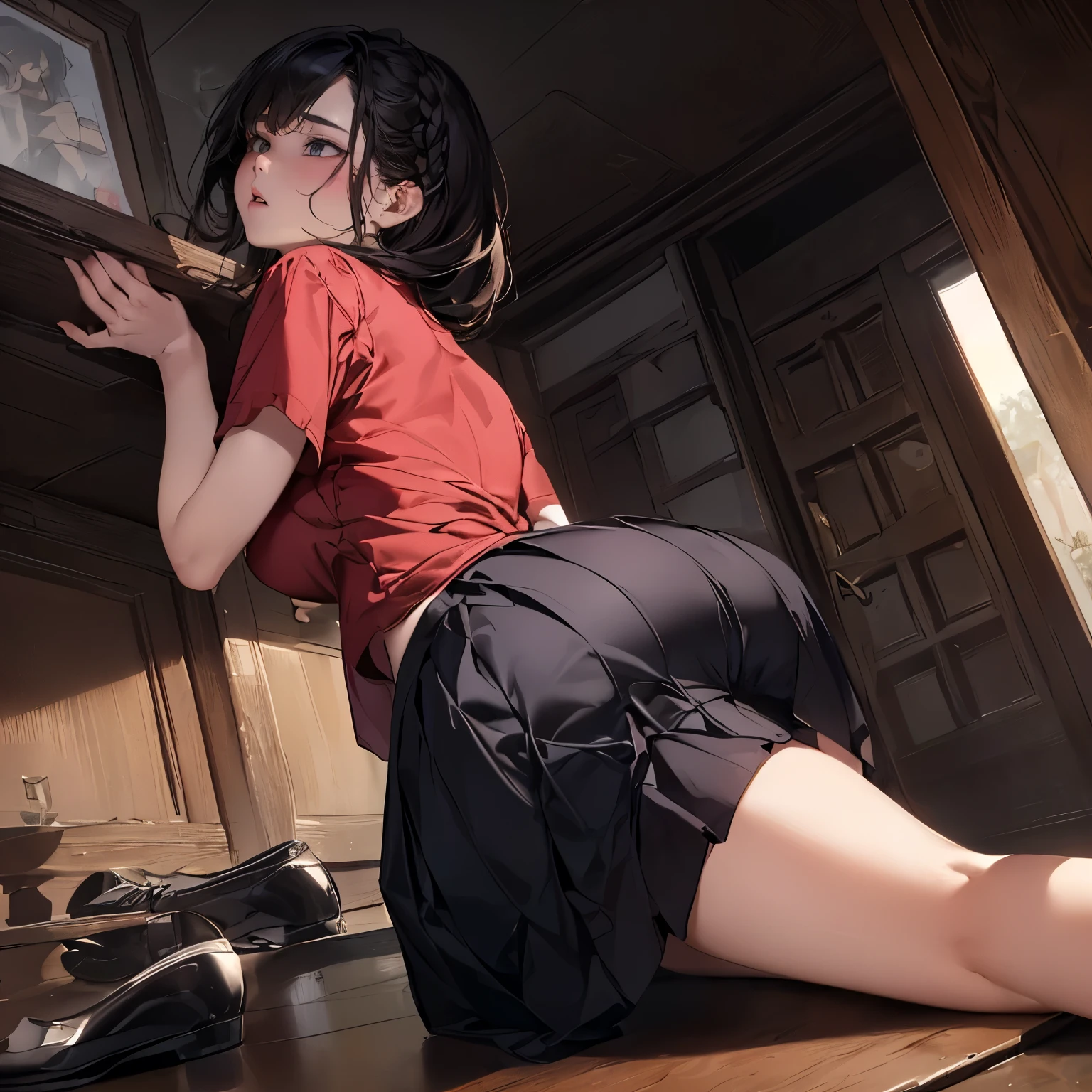 drooping eyes, eyes realistic sizing, (((round face))), ((hooking her crotch on a corner of the table to hit for masturbation, open legs, hiding crotch with her skirt)), thin t-shirt, skirt, ((a woman is holding at her butt from behind by her hand)), braid, (dim old storeroom), shoes,