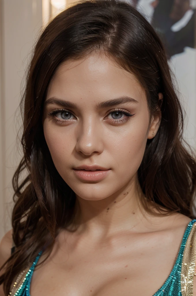 1girl, beautiful detailed eyes, beautiful detailed lips, extremely detailed eyes and face, long eyelashes, square face, long hair, looking at viewer, realistic, sexy, dress outfits, multicolored outfits, jewelry, party background, free pose, (best quality,4k,8k,highres,masterpiece:1.2),ultra-detailed,(realistic,photorealistic,photo-realistic:1.37),vivid colors,studio lighting