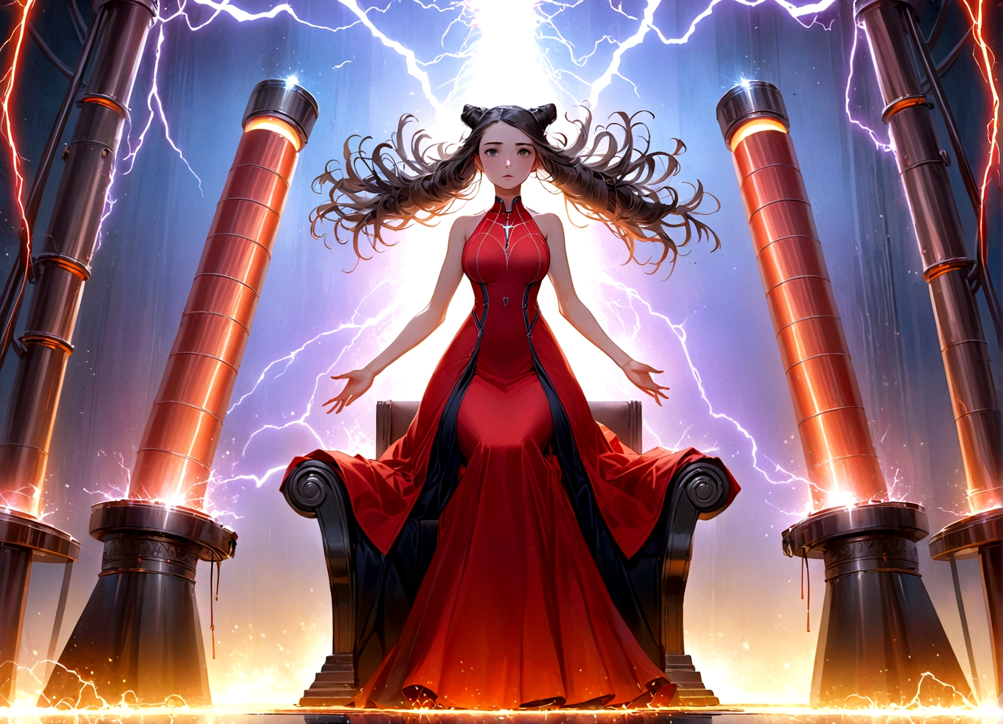 Tesla, 1900, has designed a throne of power (It has a Tesla coil on either side, electricity dances through the lab and across the coils), a lovely woman in an intricate dress sits on the throne and looks worried (her hair is electrified and standing straight out)
