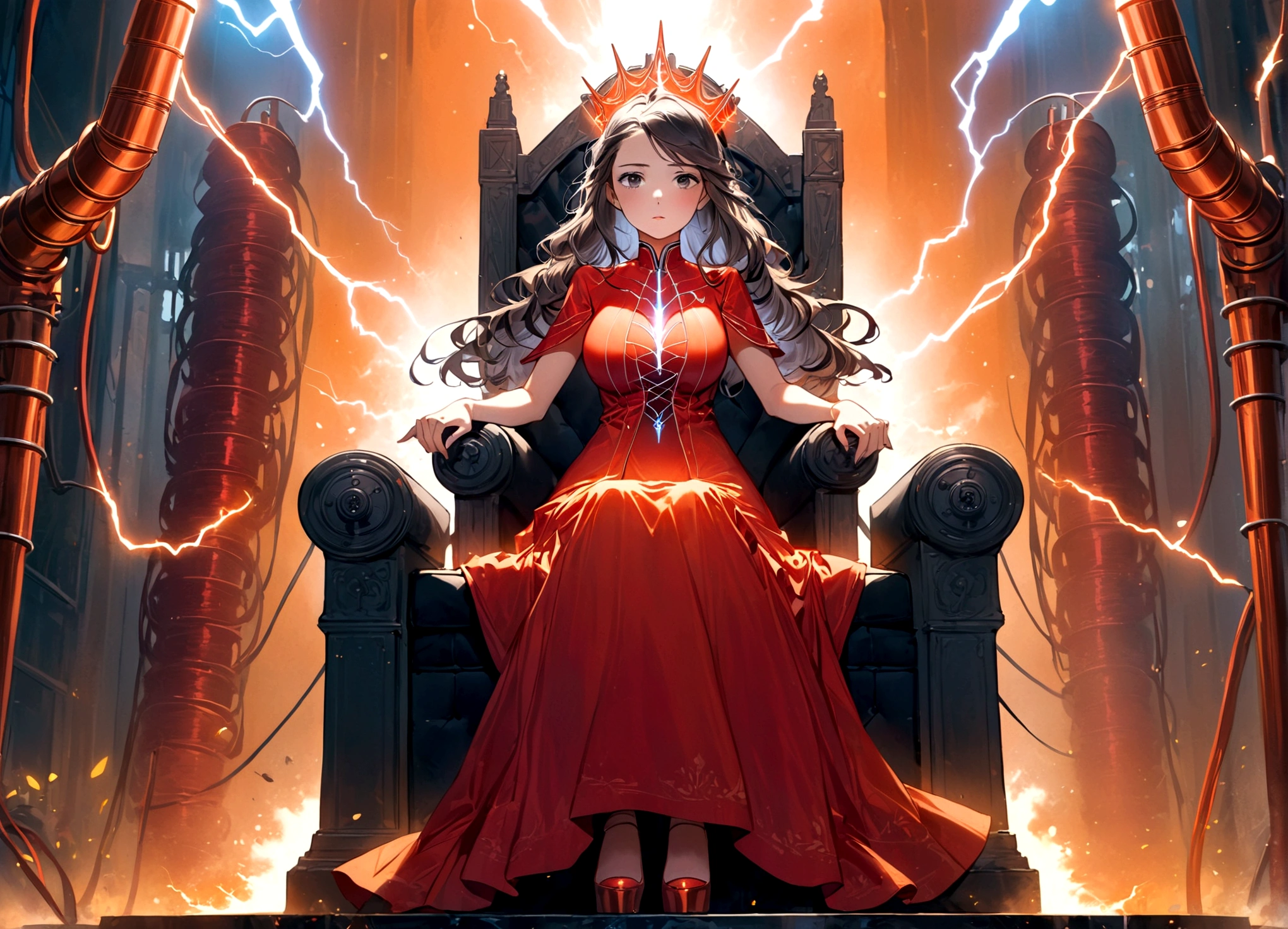 Tesla, 1900, has designed a throne of power (It has a Tesla coil on either side, electricity dances through the lab and across the coils), a lovely woman in an intricate dress sits on the throne and looks worried (her hair is electrified and standing straight out)