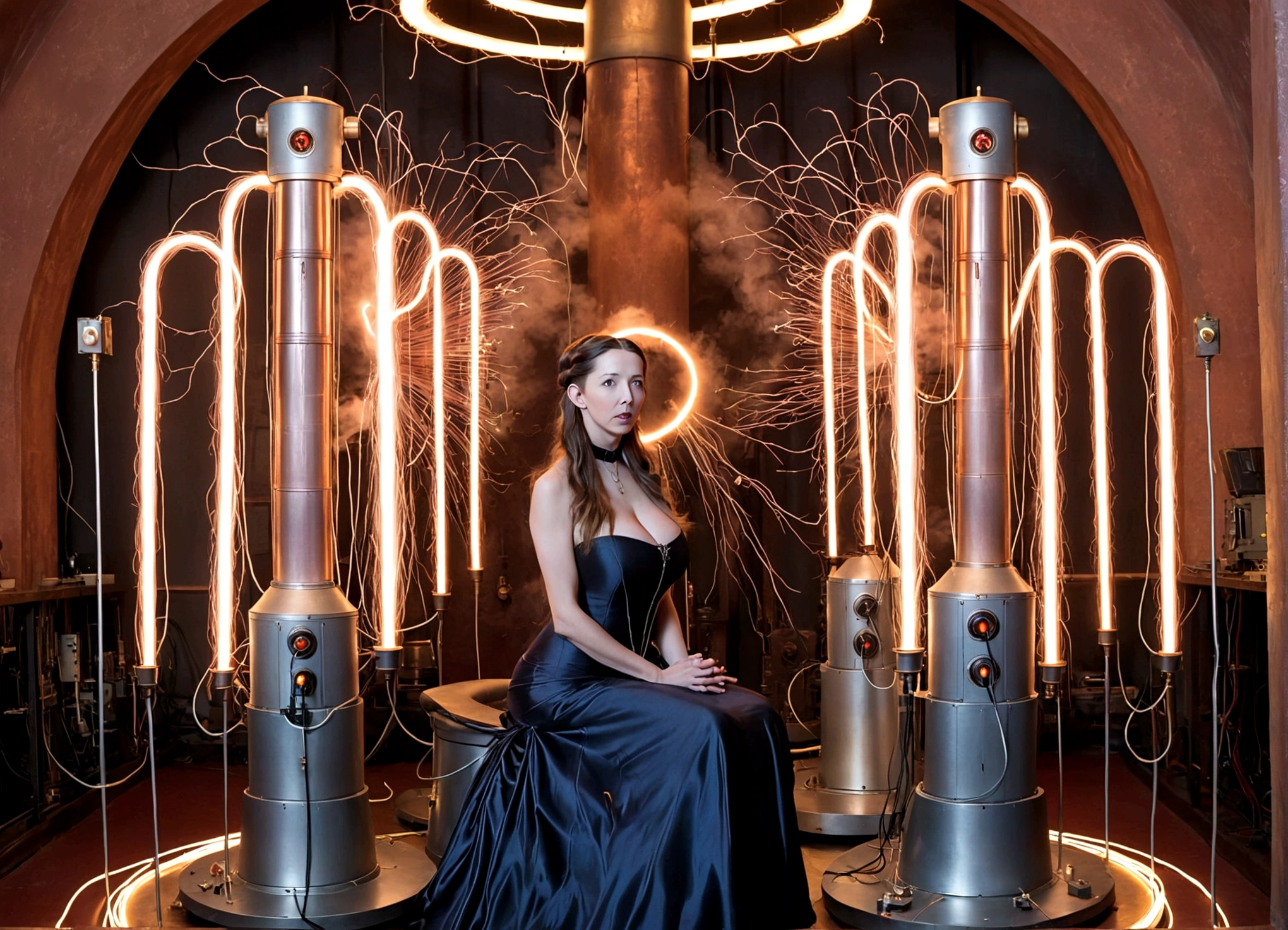 Tesla, 1900, has designed a throne of power (It has a Tesla coil on either side, electricity dances through the lab and across the coils), a lovely woman in an intricate dress sits on the throne and looks worried (her hair is electrified and standing straight out)
