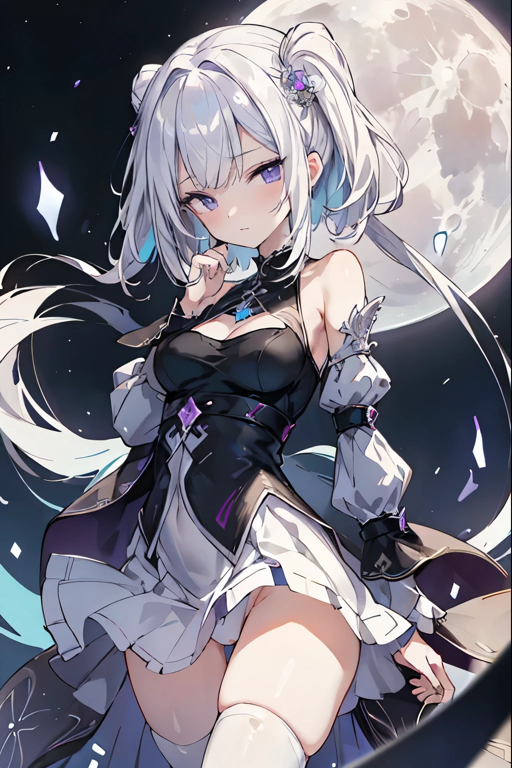 1girl, アニメ, cute girl, blank background, white background, fantasy, detailed fantasy dress with highlights, beautiful face, beautiful eyes, dark colors, black hair with multicolor streaks, red eye with different color pupil in eye, multicolor eye, medium breasts, slight cleavage, beautiful skin, cute, breast curtains, extremely delicate and beautiful, (beautiful detailed face:1.0), (detailed deep eyes), symmetrical breasts, deep eyes, shiny skin, portrait, slender waist, hips wider than shoulders, thighs, expressionless, young girl, luminous eyes, adorable,(Kpop idol),(aegyo sal:1),(Platinum blonde hair:1),((puffy eye)),Black panty,sexy posture,Superskirt, Ultra-high resolution,Black collar,slim figure, Abdominal y tattoo, womb tattoo,Tight-fitting leg ring,y tattoo on half-body,Bare skin, Armored hand,Hidden fingertips,Hand covered,Arm covered,Fist covered,{{beautiful detailed fingers}}, tufts of hair, moderate beautiful breast:1.0,(masterpiece:1.2), best quality, high-res, HDR, perfect face, intricate armor, delicate blue filigree, intricate filigree, red metalic parts, detailed part, dynamic pose, dynamic lights, cute face, neutral expression, shuimobysim, lotus, Hanfu, maxi skirt, dress conservatively 1girl, 独奏, long blue hair, standing, One lady,14years,((White hair) ,(Shiny purple bodysuit with microskirt),((Fantasy, Moon Night)), gradient_eyes,
