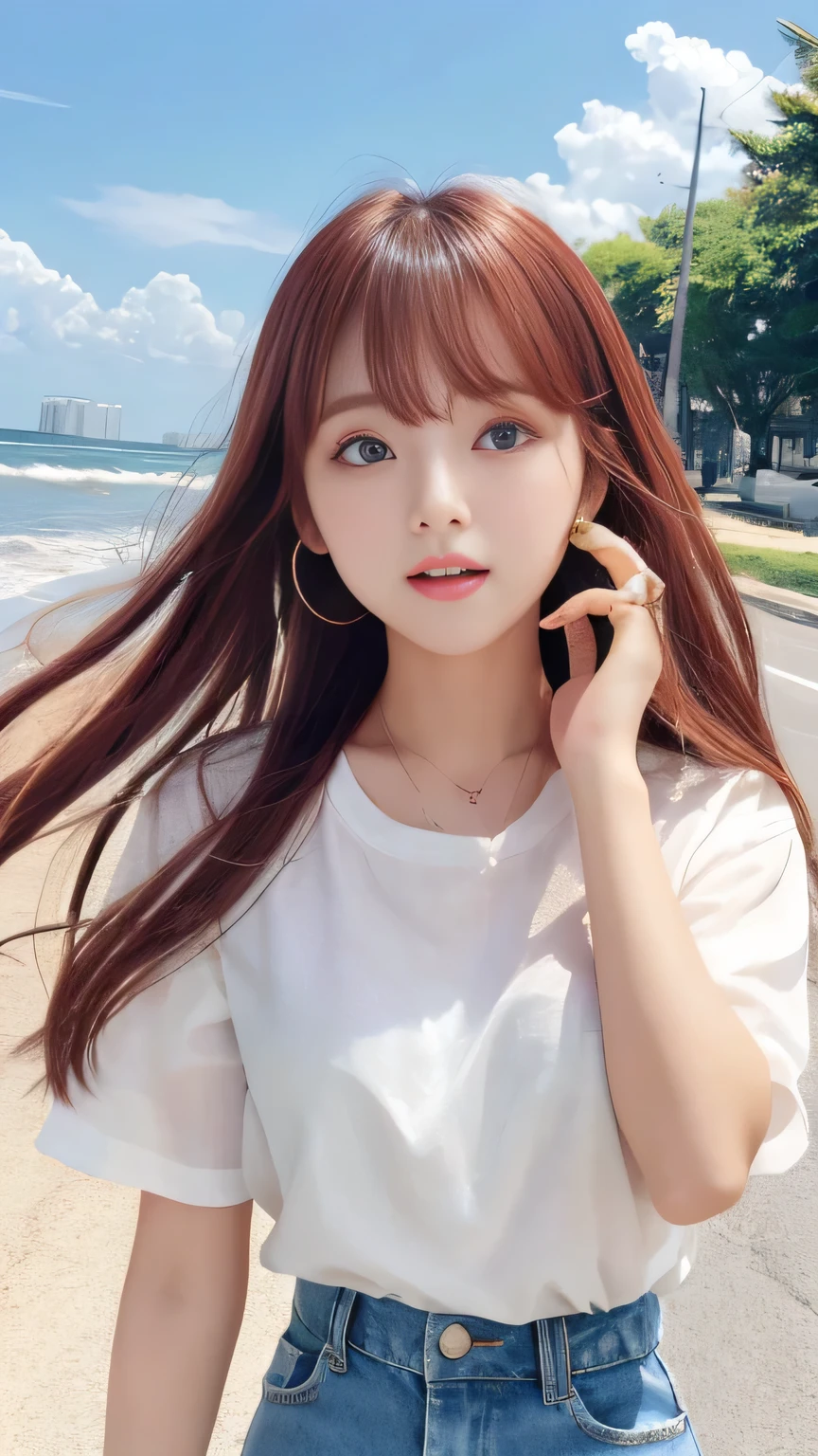 Sunburn marks on tanned skin、blush、Multicolored hair color、Bangs on the face、Bangs between the eyes、Super long hair、Beautiful bright transparent light blue big eyes that are charming and shining、Cute looks and a cute 16-year-old、A strong wind blows my hair in front of my face、Beautiful big sparkling eyes, Cute eyes hidden by long bangs、Yawn、No visible nasolabial folds、A short, light-colored miniskirt、A cute and colorful summer shirt、Korean Beauty、Dark blush on the cheeks