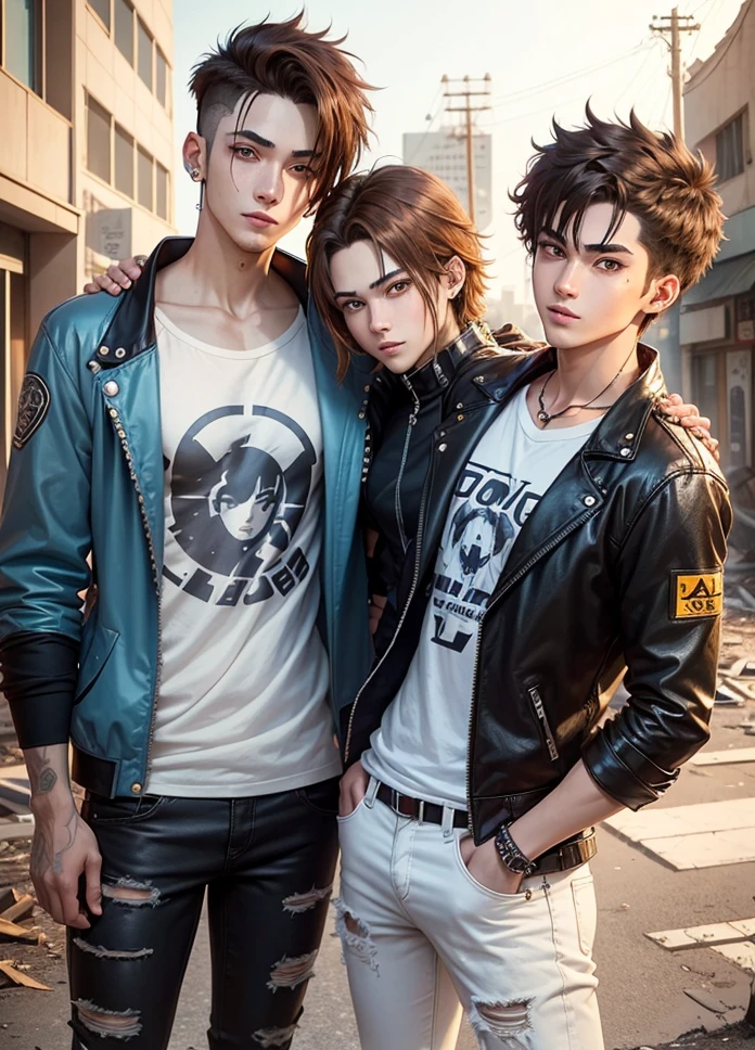 Anime guy, 21 years old, one guy alone, smiling expression, cyberpunk style Brown hair, shoulder length brown hair on right side, short brown hair smoothed back on left side, brown eyebrows, yellow eyes, white skin, metal stud earing, white shirt, biker blue jeans, standing in abandoned city