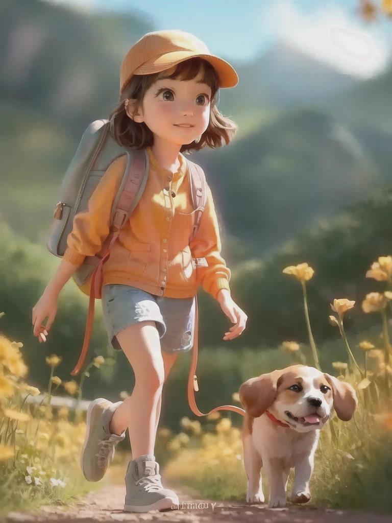 Tip: A very charming  with a backpack and her cute puppy enjoying a lovely spring outing surrounded by beautiful yellow flowers and nature. The illustration is a high-definition illustration in 4k resolution, featuring highly detailed facial features and cartoon-style visuals.