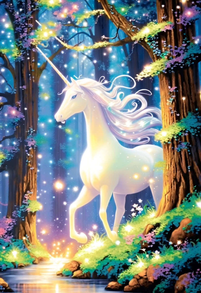 Luminous vines winding along tree trunks emit flashes of multicolored light that illuminate the ground covered in moss and glowing ferns.. Little fairies with transparent and shiny wings dance in the air, leaving trails of stardust in their wake. Snow-white unicorns gracefully trot through the trees, His mane fluttering in the wind and his horns glowing with a magical light..