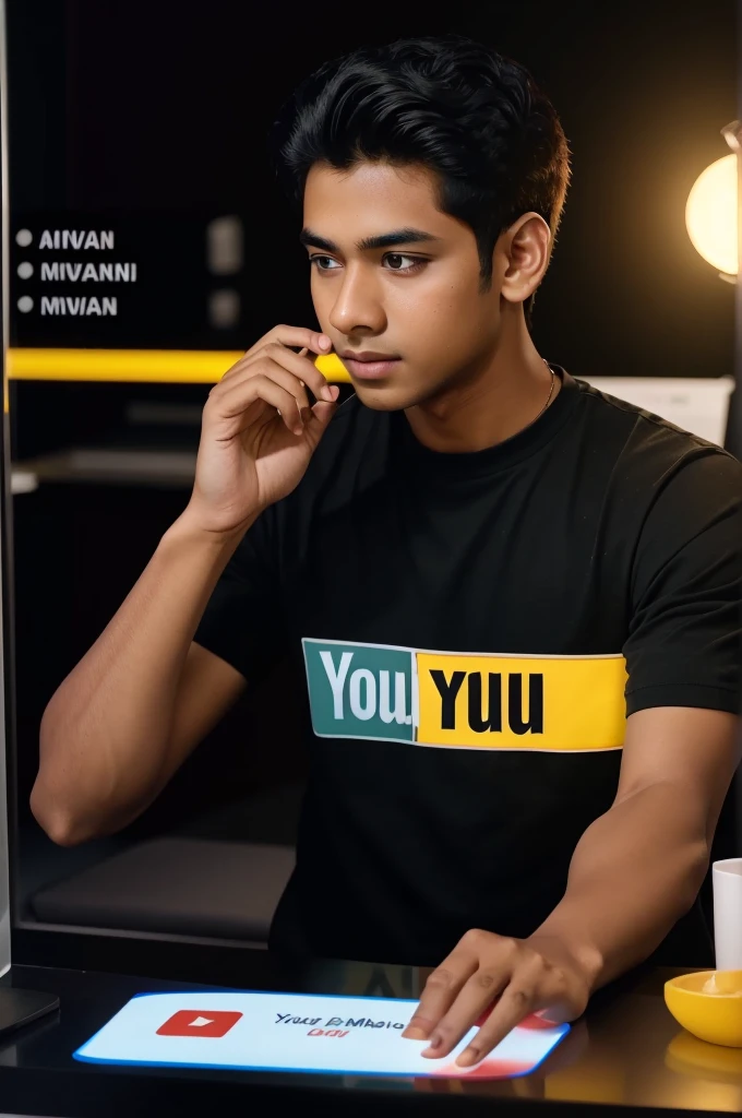 website 💛create a YouTube profile on glass id card on a black desk displaying YouTube logo and realistic profile photo of a teenage boy in circle and "Arvind Roy" is written in bold fonts under the profile photo, the YouTube card is glowing in red color on the edge.