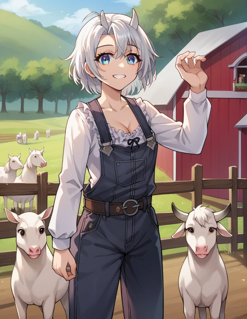 score_9, score_8_up, score_7_up, source_anime,
cowgirl, cow girl, ahoge, white hair, ice blue eyes, short hair, smile,
cleavage, collarbone, frills, long sleeves, overalls, suspenders,
outdoors, farm, cows, chickens, goats, horse,
looking at viewer, cowboy shot, dynamic pose, cow ears, cow horns