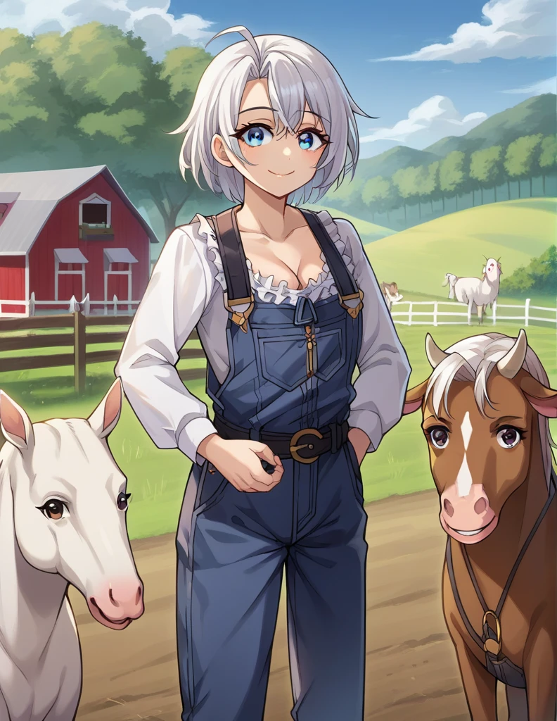 score_9, score_8_up, score_7_up, source_anime,
cowgirl, cow girl, ahoge, white hair, ice blue eyes, short hair, smile,
cleavage, collarbone, frills, long sleeves, overalls, suspenders,
outdoors, farm, cows, chickens, goats, horse,
looking at viewer, cowboy shot, dynamic pose, cow ears, cow horns