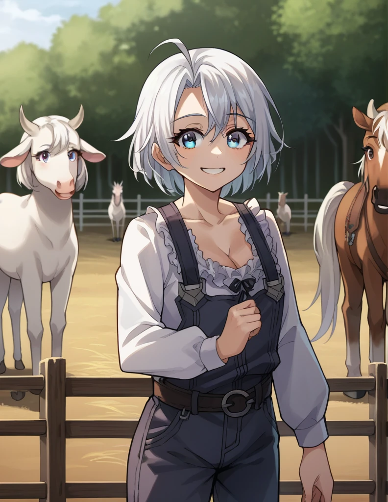 score_9, score_8_up, score_7_up, source_anime,
cowgirl, cow girl, ahoge, white hair, ice blue eyes, short hair, smile,
cleavage, collarbone, frills, long sleeves, overalls, suspenders,
outdoors, farm, cows, chickens, goats, horse,
looking at viewer, cowboy shot, dynamic pose, cow ears, cow horns