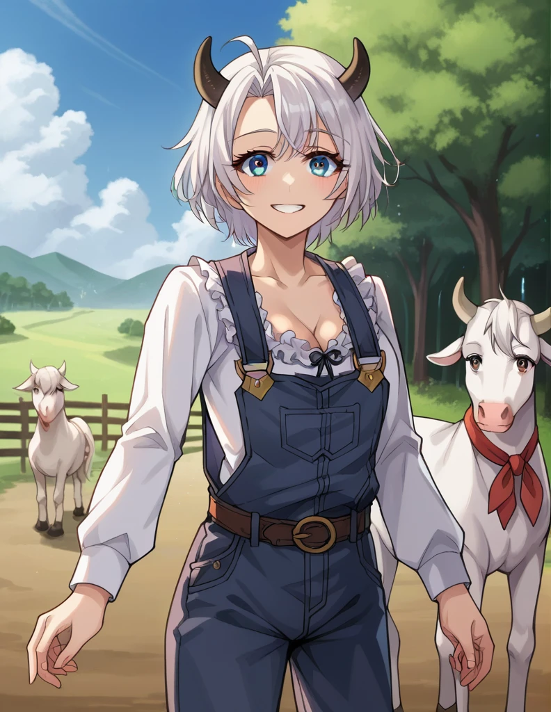 score_9, score_8_up, score_7_up, source_anime,
cowgirl, cow girl, ahoge, white hair, ice blue eyes, short hair, smile,
cleavage, collarbone, frills, long sleeves, overalls, suspenders,
outdoors, farm, cows, chickens, goats, horse,
looking at viewer, cowboy shot, dynamic pose, cow ears, cow horns