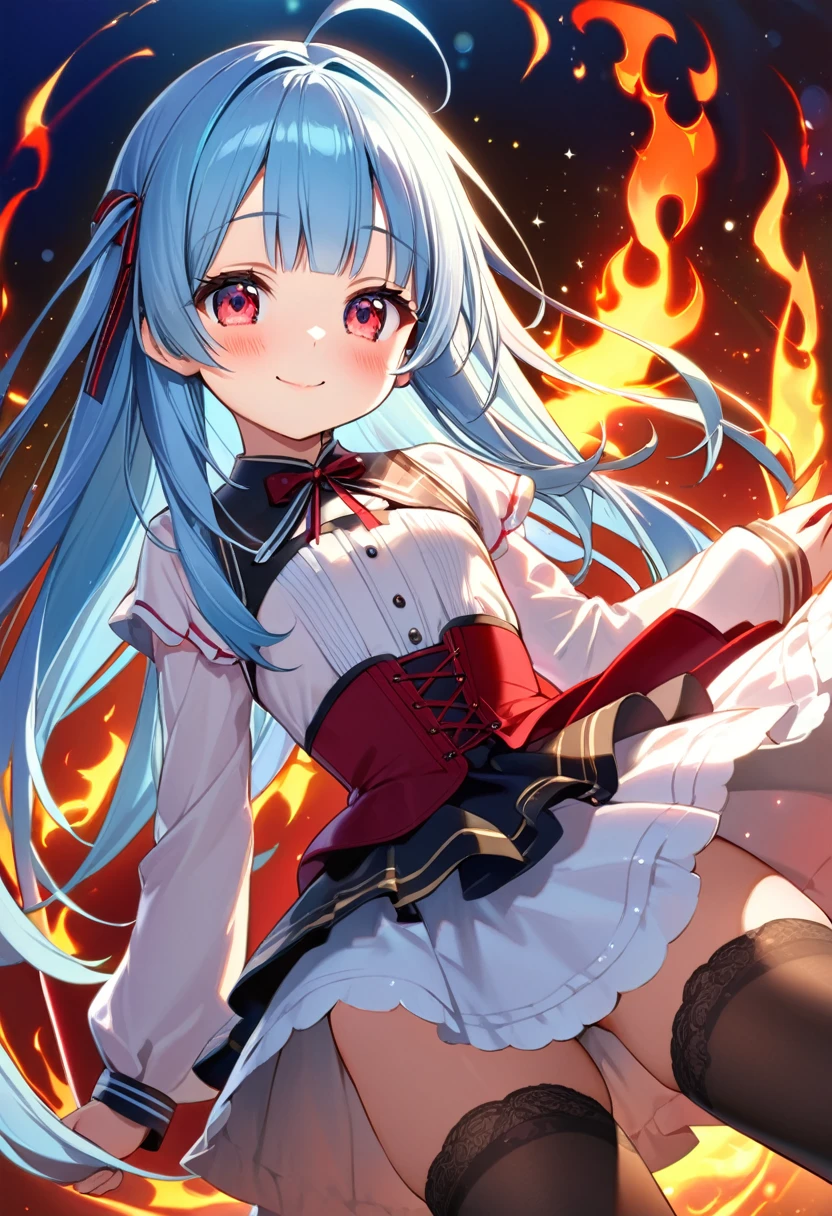 masterpiece, best quality, extremely detailed, (illustration, official art:1.1), 1 girl ,(((( light blue long hair)))), ,(((( light blue long hair)))),light blue hair, ,10 years old,loli, long hair ((blush)) , cute face, big eyes, masterpiece, best quality,(((((a very delicate and beautiful girl))))),Amazing,beautiful detailed eyes,blunt bangs((((little delicate girl)))),tareme(true beautiful:1.2), sense of depth,dynamic angle,,,, affectionate smile, (true beautiful:1.2),,(tiny 1girl model:1.2),)(flat chest),(masterpiece, best quality), 1girl, flaming , red eyes, flames, hands in flame, flame blade, red magic circle, red corset, black thighhighs, sidelighting, light particles, abstract,
