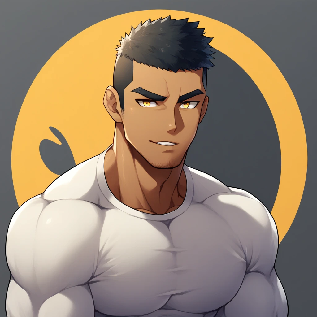 anime characters:Gyee, Muscle Sports Student, negro black skin, 1 dark skin muscular tough guy, Manliness, male focus, Light yellow high collar long sleeve tight T-shirt, Slightly transparent material, Very tight, Round, full and perky chest muscles, Slightly transparent, muscular male, muscular, only, Upper body, alone, Black short hair, Thick eyebrows, stubble, Yellow eyes, Grey background, simple background, amazing quality, best aesthetics, Ridiculous, bright pupils, crew cut, parted lips, seductive smile, torogao, naughty face, drop shadow, best quality