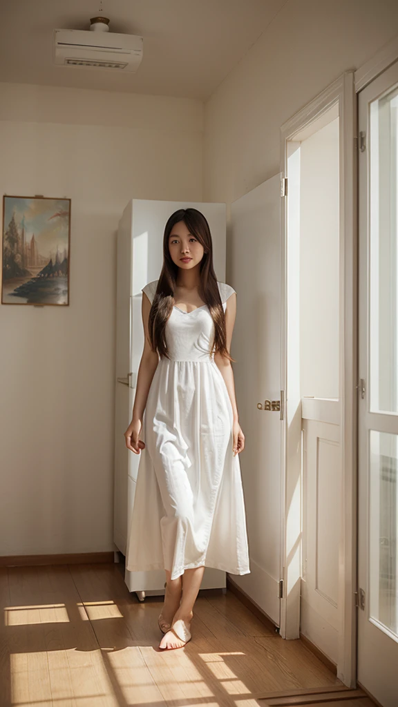A beautiful young Chinese girl with long flowing hair,Wearing a white dress,Standing in a warm and cozy room,Surrealism