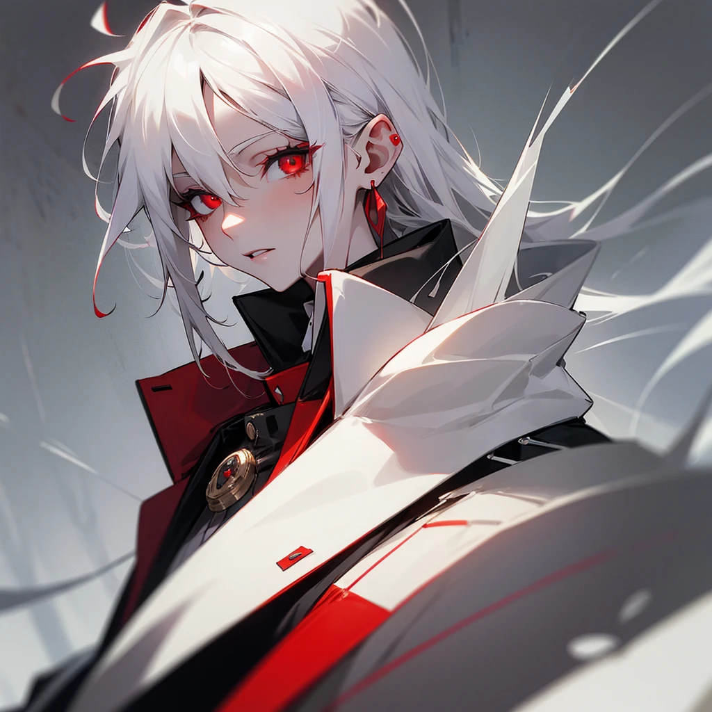 thin female, white skin, messy white hair, red pupils, red earring on right ear, wearing a white open lapel with tall collar, black and red uniform, white gloves, looking coldly at camera