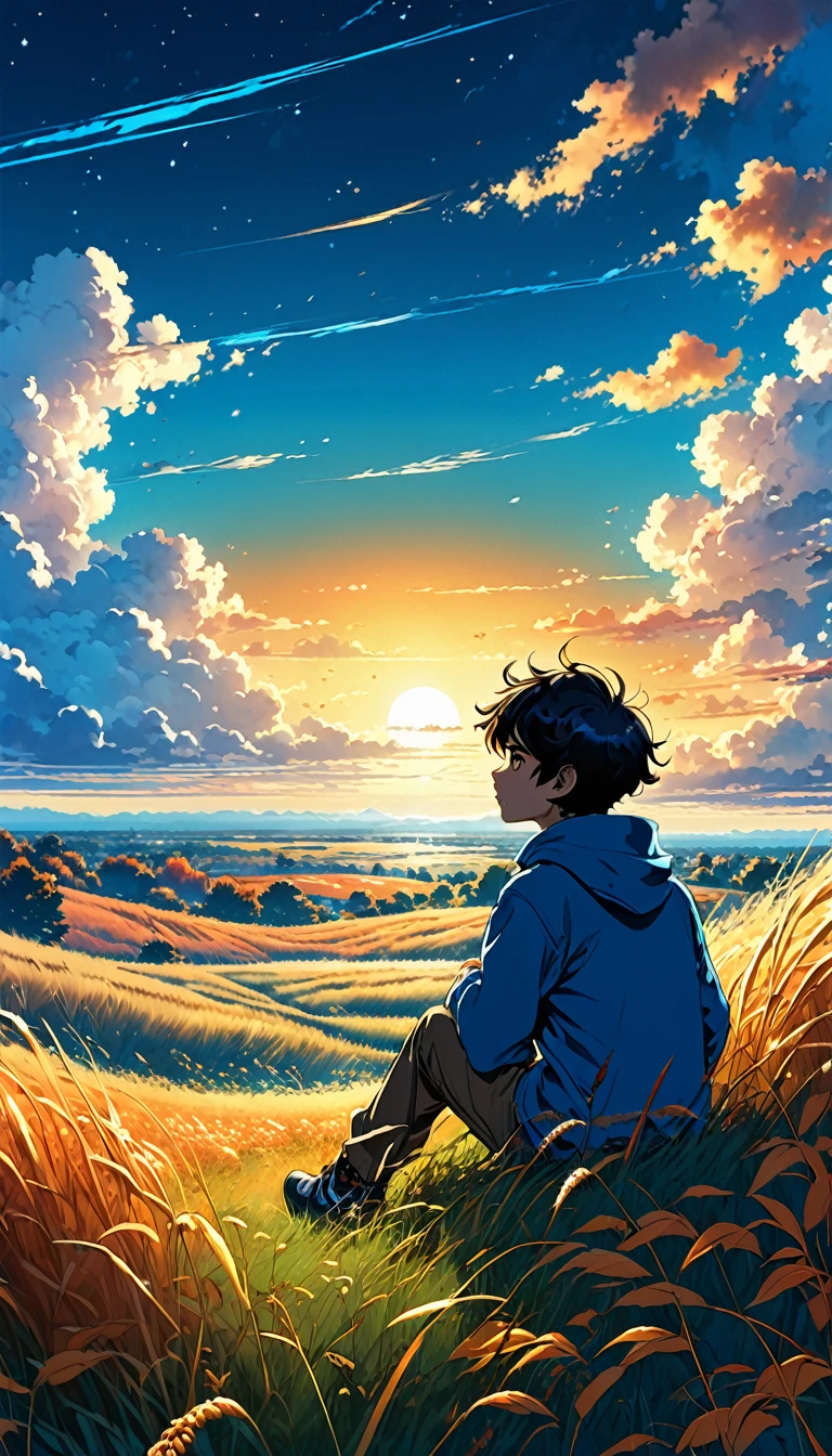 a boy sitting in an autumn meadow, seeing a vast blue sky with dark blue clouds, tall grasses, cloudy sky, makoto shinkai cyril rolando, anime art wallpaper 4k, anime art wallpaper 4k, animated background, anime art wallpaper 8K, animated background art, Anime Landscape Wallpaper, amazing wallpaper, HD wallpaper, 4k anime wallpaper, 4k anime wallpaper, Aries Moross art,art by Bob Byerley , AshleyWoodArtAI, greg rutkowski
