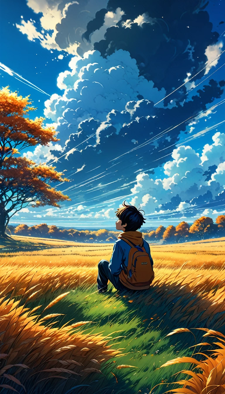 a boy sitting in an autumn meadow, seeing a vast blue sky with dark blue clouds, tall grasses, cloudy sky, makoto shinkai cyril rolando, anime art wallpaper 4k, anime art wallpaper 4k, animated background, anime art wallpaper 8K, animated background art, Anime Landscape Wallpaper, amazing wallpaper, HD wallpaper, 4k anime wallpaper, 4k anime wallpaper, Aries Moross art,art by Bob Byerley , AshleyWoodArtAI, greg rutkowski