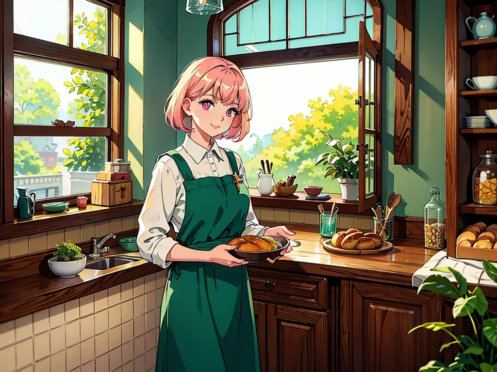 (best quality,4K,8K,highres,masterpiece:1.2),ultra-detailed,a woman standing in the kitchen with mint apron, detailed pink eyes, blonde hair, extremely detailed face, long eyelashes, homely atmosphere, modern utensils,glass jar filled with colorful spices,freshly baked bread,dinning table set with elegant porcelain plates,hanging copper pots and pans,various cooking ingredients,aromatic herbs and spices,subtle smell of vanilla and cinnamon in the air,neatly arranged jars filled with colorful ingredients,wall covered in vintage tiles,soft natural light pouring through the window,green plants on the windowsill,sunlit,inviting atmosphere,lush green garden seen through the window,peaceful vibe,nostalgic ambiance。smile,Waiting for apples