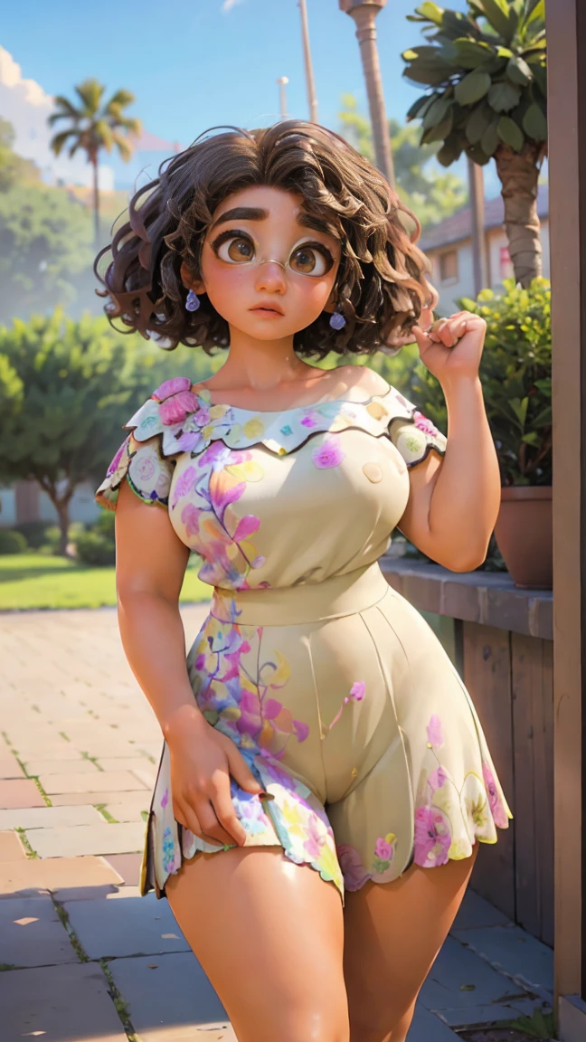 mirabel madrigal, (((brown skin))), detailed skin, perfect legs, perfect thighs, (((curvy body))), BIG BREASTS, INVITING TO SEXY pose Big ass seios grandes bunda grande
