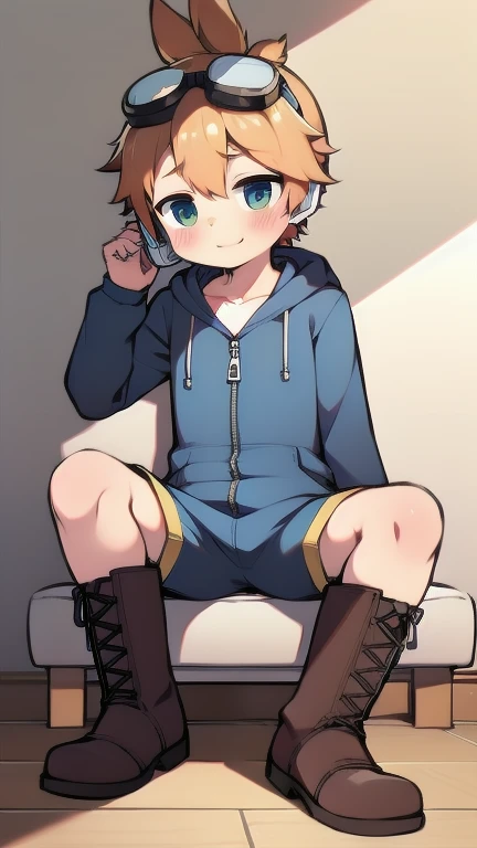 2D Boy Shota,One-piece mountaineering suit,Slim, healthy body,Put the headphones on your head,Sitting,goggles,Rabbit ears,happy,Sailor collar,tie,Zipper pulled down,boots,hood,shy,blush,dormitory
