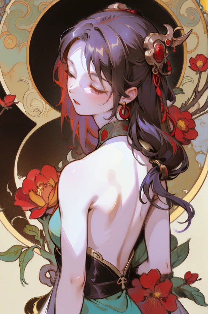 There is a woman's back in ancient China, back of the head, (only), (???? back tattoo), beautiful closed eyes, detailed face, like a dream, red and gold flowers, Ukiyo style, artwork Guwitz style. , Guviz, Alphonse Mucha and Rose Drews, a beautiful artistic illustration, author: Li Song, author: heroes, author: Zou Zhe, by Zeng Jing, by Ye Xin, author: Shitao, author: Zhou Fang, art nouveau Korean anime, Long loose hair 