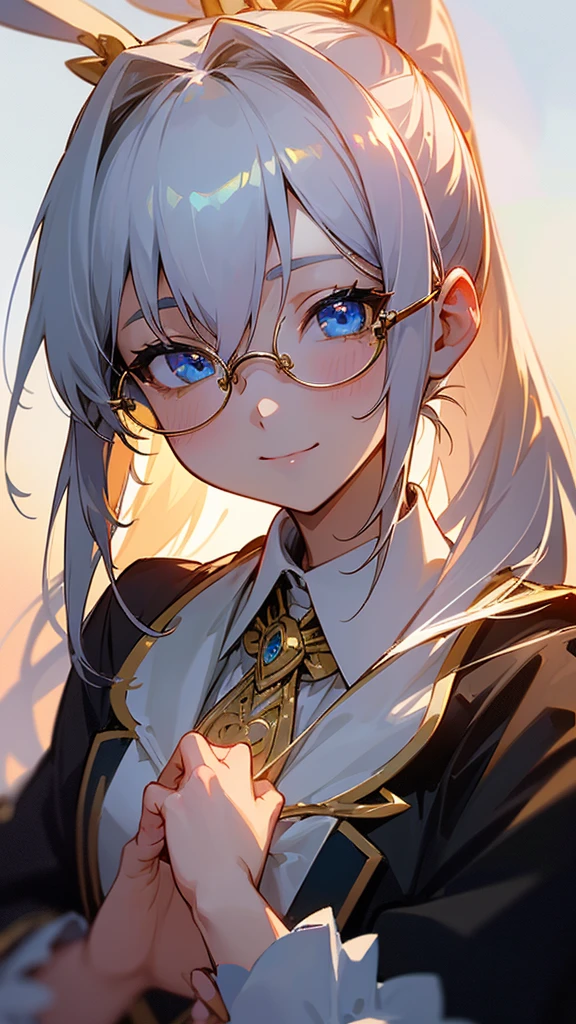 1 Girl、、Sharp focus、(Bokeh) (Highest quality) (Detailed skin:1.3) (Intricate details) (anime)、White rabbit ears、Silver Hair、ponytail、Gold Glasses、blue eyes、Black coat、White shirt、Upper body close-up、small yellow ribbon around the neck、smile、smile、Park in the background、sunset、Soft lighting.