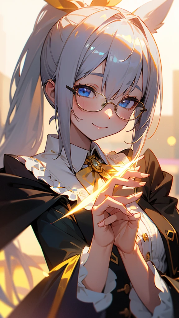 1 Girl、、Sharp focus、(Bokeh) (Highest quality) (Detailed skin:1.3) (Intricate details) (anime)、White rabbit ears、Silver Hair、ponytail、Gold Glasses、blue eyes、Black coat、White shirt、Upper body close-up、small yellow ribbon around the neck、smile、smile、Park in the background、sunset、Soft lighting.