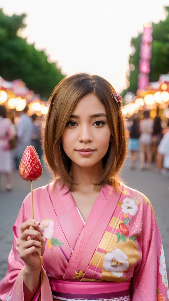 Photo realistic 3D caricature of a woman in her 30s. Her hair is straight, golden brown, shoulder-length and parted in the middle. The woman wore a pink kimono with a floral motif and traditional Japanese sandals. She was holding strawberry-shaped candies arranged like satay. The background is a Japanese summer festival with soft lighting