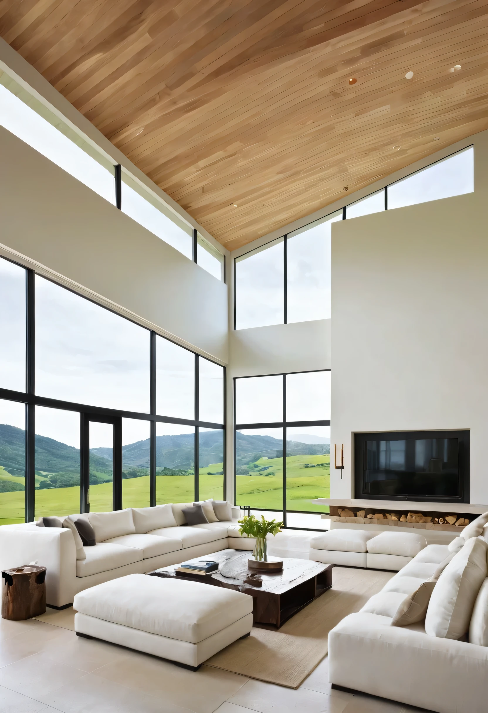 A spacious and modern living room designed with a minimalist aesthetic. The focal point is a large, white sectional sofa, inviting relaxation and conversation. The room is bathed in soft, natural light streaming through large windows, offering a breathtaking view of rolling green hills. The open floor plan and high ceilings create a sense of grandeur and spaciousness, while the use of natural materials such as wood and stone adds warmth and texture.