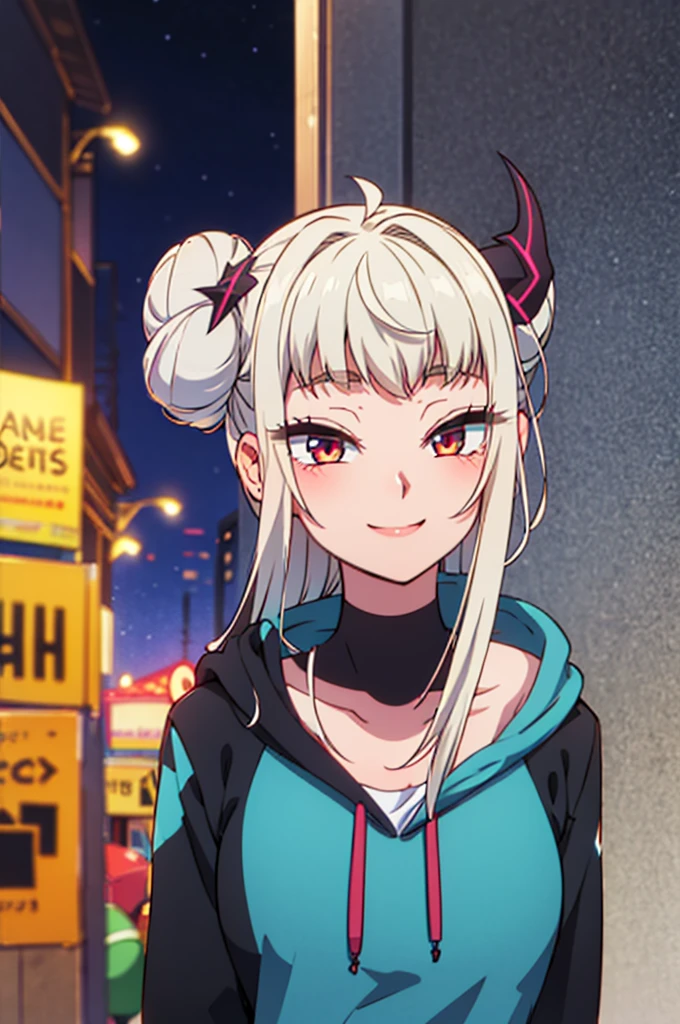 Detailed Background, masterpiece, Highest quality, smile, Nakiri Ayame, Striped Hair, Demon Horns, Gray Hair, twin bun, Red eyes, smile, hoodie, Portraiture, neon, graffiti, dark, night, Glowing Eyes, Black light