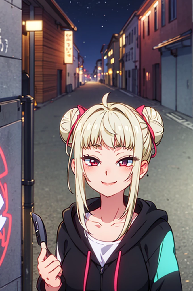 Detailed Background, masterpiece, Highest quality, smile, Nakiri Ayame, Striped Hair, Demon Horns, Gray Hair, twin bun, Red eyes, smile, hoodie, Portraiture, neon, graffiti, dark, night, Glowing Eyes, Black light