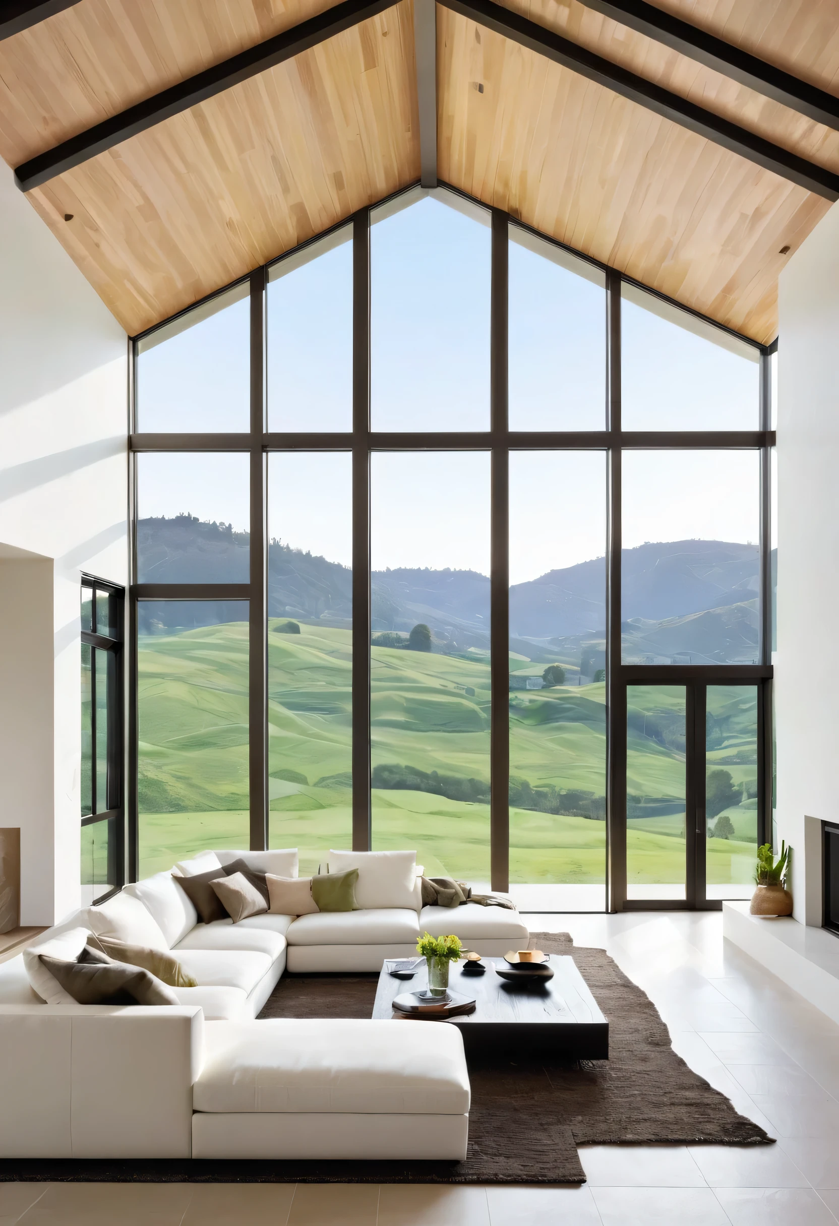 A spacious and modern living room designed with a minimalist aesthetic. The focal point is a large, white sectional sofa, inviting relaxation and conversation. The room is bathed in soft, natural light streaming through large windows, offering a breathtaking view of rolling green hills. The open floor plan and high ceilings create a sense of grandeur and spaciousness, while the use of natural materials such as wood and stone adds warmth and texture.