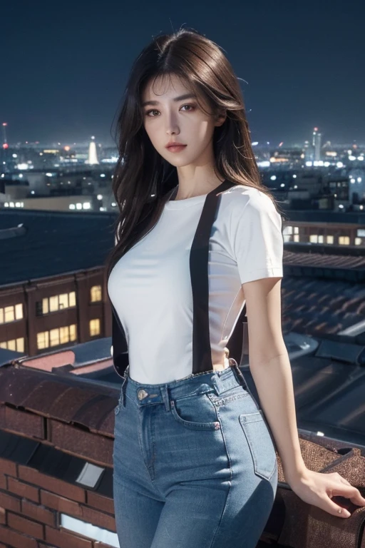 ((Midnight, Best quality, 8k, Masterpiece :1.3)), Whole body, Long legs, Sharp focus :1.2, A pretty woman with perfect figure :1.4, Slender abs :1.1, ((Dark brown hair, :1.2)), (White tight tshirt, Jean bib, Standing:1.2), ((Night city view, Rooftop:1.3)), Highly detailed face and skin texture, Detailed eyes, Double eyelid