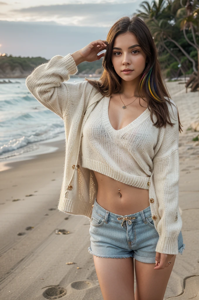 1girl in, age 20, Square face, Long hair, Looking at Viewer, jewelry, Realistic, A sexy, sweater outfits, multicolored outfits, beach background, free pose