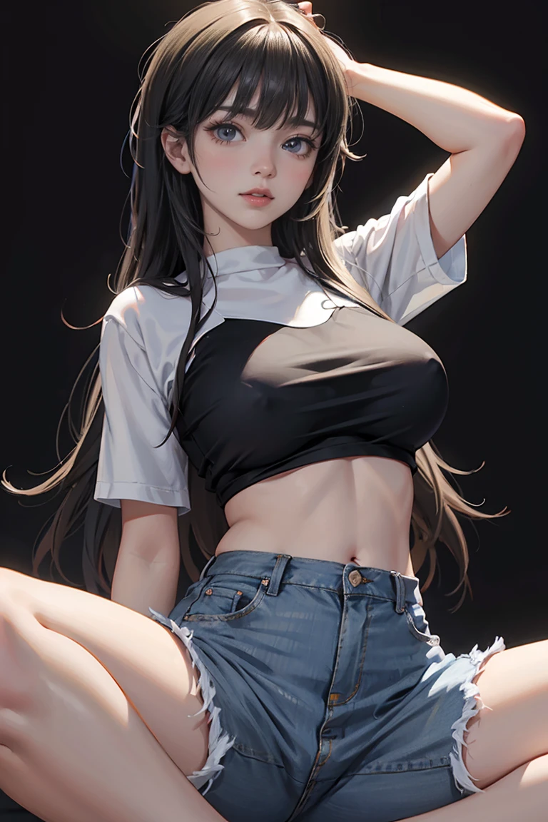 straight hair . huge breasts , black background , spread legs , white cropped t-shirt , blue skinny jeans