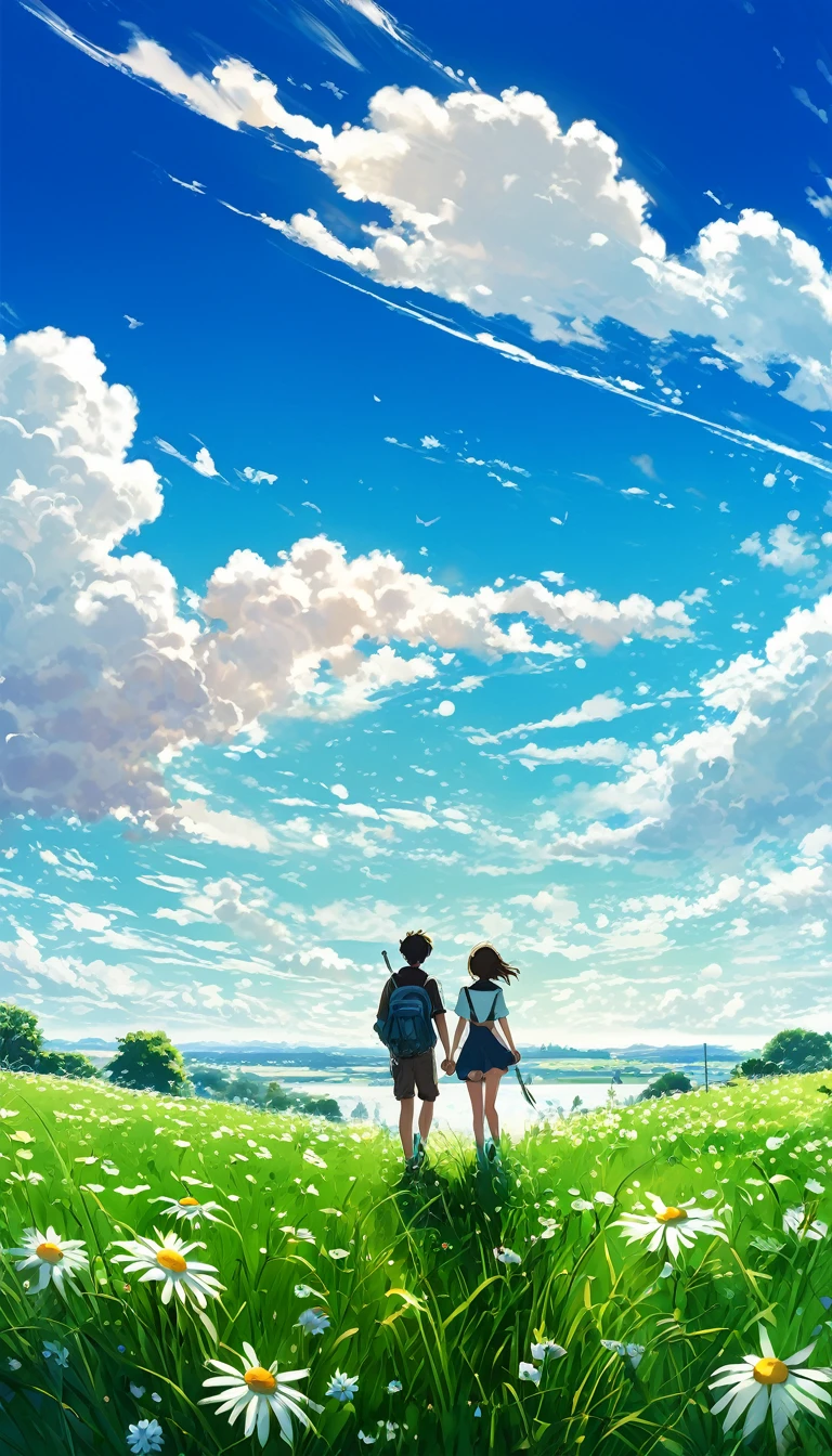 two young couples in a field with grass and daisy flowers, seeing a vast blue sky with fluffy clouds and brush strokes , several shots , makoto shinkai cyril rolando, anime art wallpaper 4k, anime art wallpaper 4k, animated background, anime art wallpaper 8K, animated background art, Anime Landscape Wallpaper, amazing wallpaper, HD wallpaper, 4k anime wallpaper, 4k anime wallpaper, Aries Moross art,art by Bob Byerley , AshleyWoodArtAI, greg rutkowski