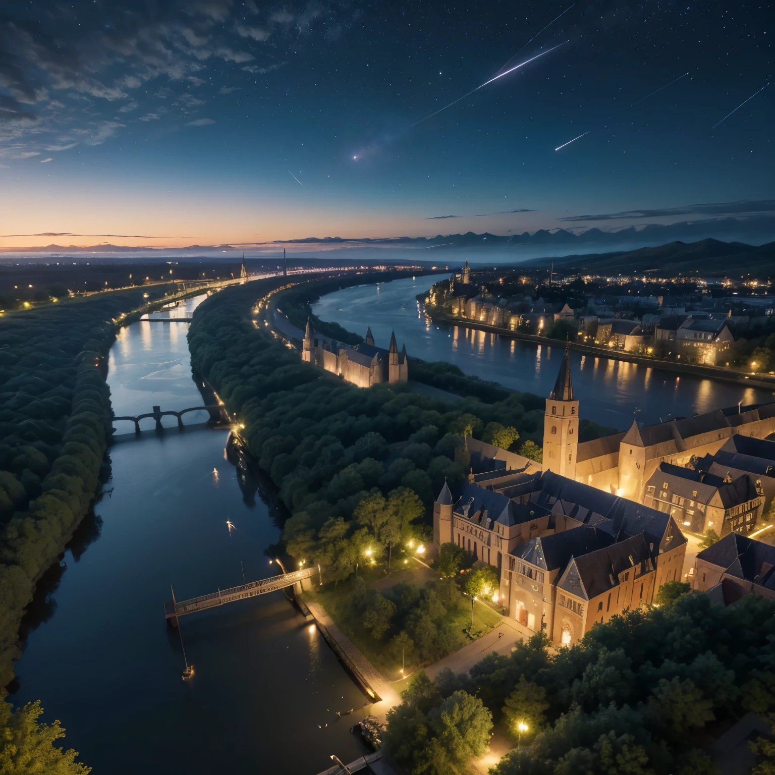 medieval city, grsslands, forest behind, river on the city, meteor on the sky, night