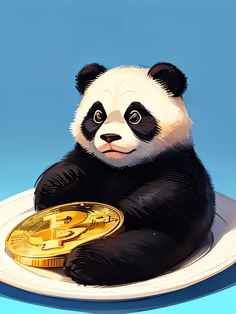 panda bear holding a coin on a plate with blue background, Satoshi, just kidding, panda, bitcoins, panda panda panda, crypto, cryptocurrency, cute panda, adorable digital painting, by Yang J, cute detailed digital art, by Brian Thomas, inspired by Zhu Da, by Luis Miranda, fanart oficial