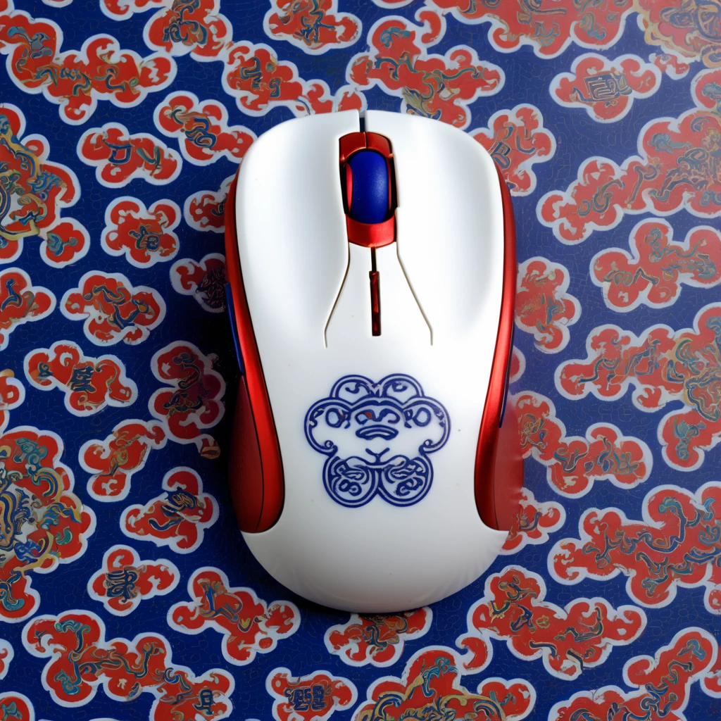 Chinese Colored Enamel, high-purity colors, high saturation, a white computer mouse with "lai thai" painted on it, kick boxer, deep blue patterns, red patterns, colorful, high-quality